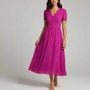 $134 New DKNY V Neck Short Sleeve Bodice Chiffon Raspberry Sz. 6